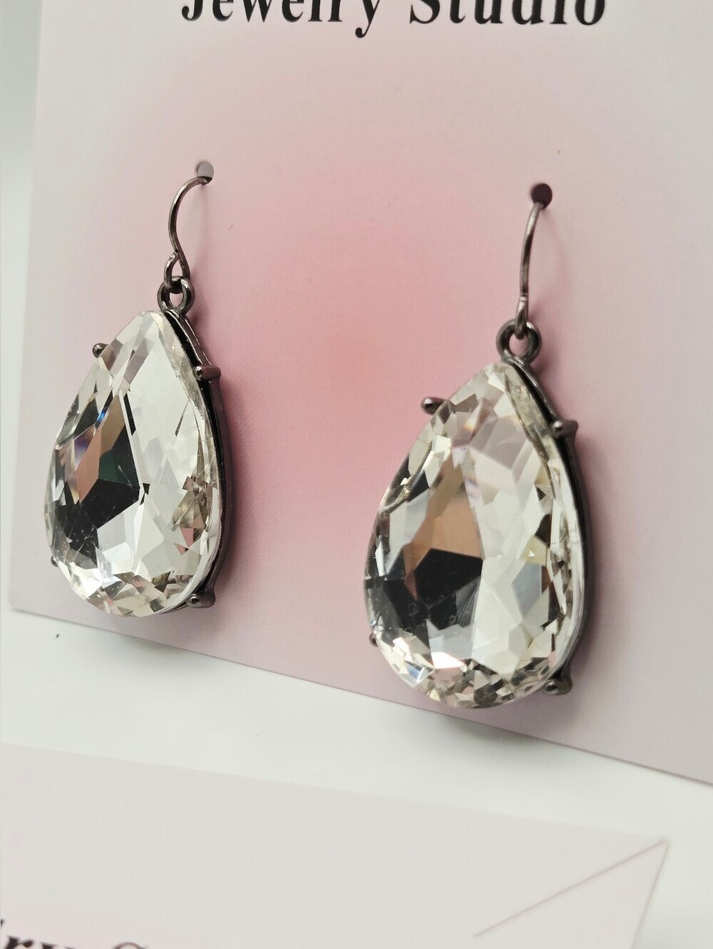 Fashion Jewelry Clear Teardrop Dangle & Clear Stud Glass Stone Earring Set Of 2 - Picture 5 of 16